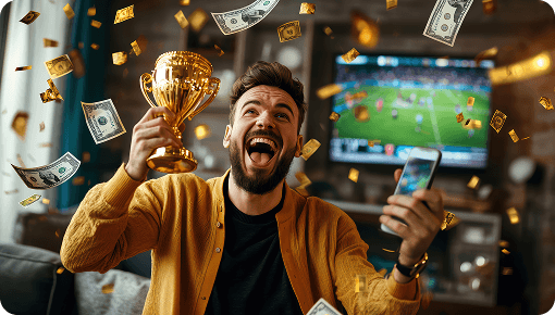 aviator-excited-man-celebrating-football-bet-win-with-trophy-money-living-room-with-tv-showing-football-match